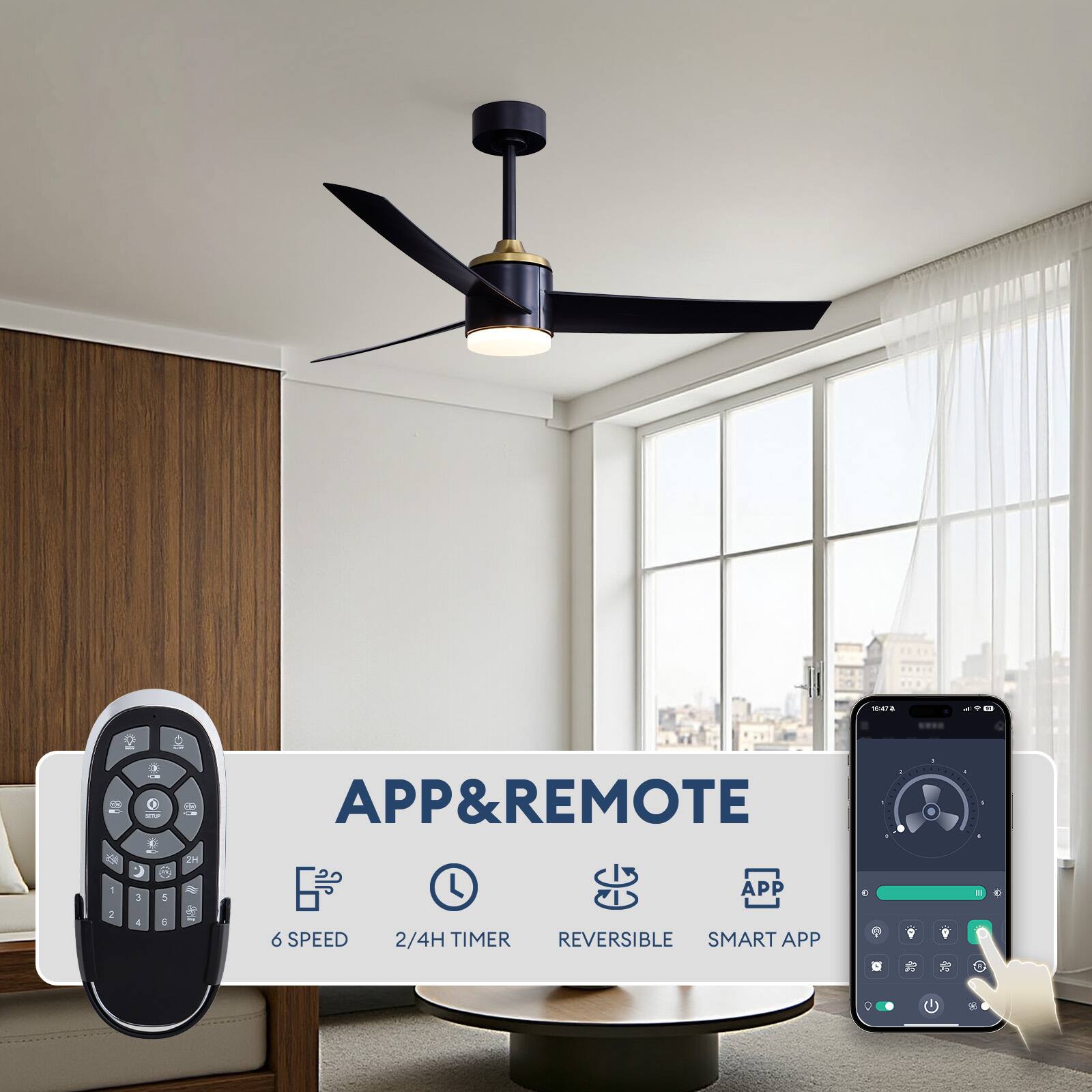 10:47a

APP&REMOTE
APP

2
4
5
6 SPEED
2/4H TIMER REVERSIBLE SMART APP