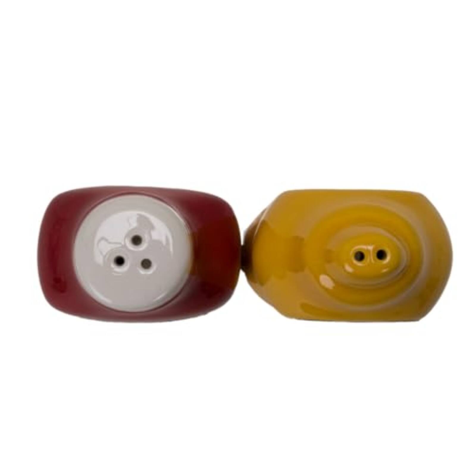 Angle. Pacific Trading - Mustard and Ketchup Ceramic Magnetic Salt and Pepper Shaker Set - Multicolor.