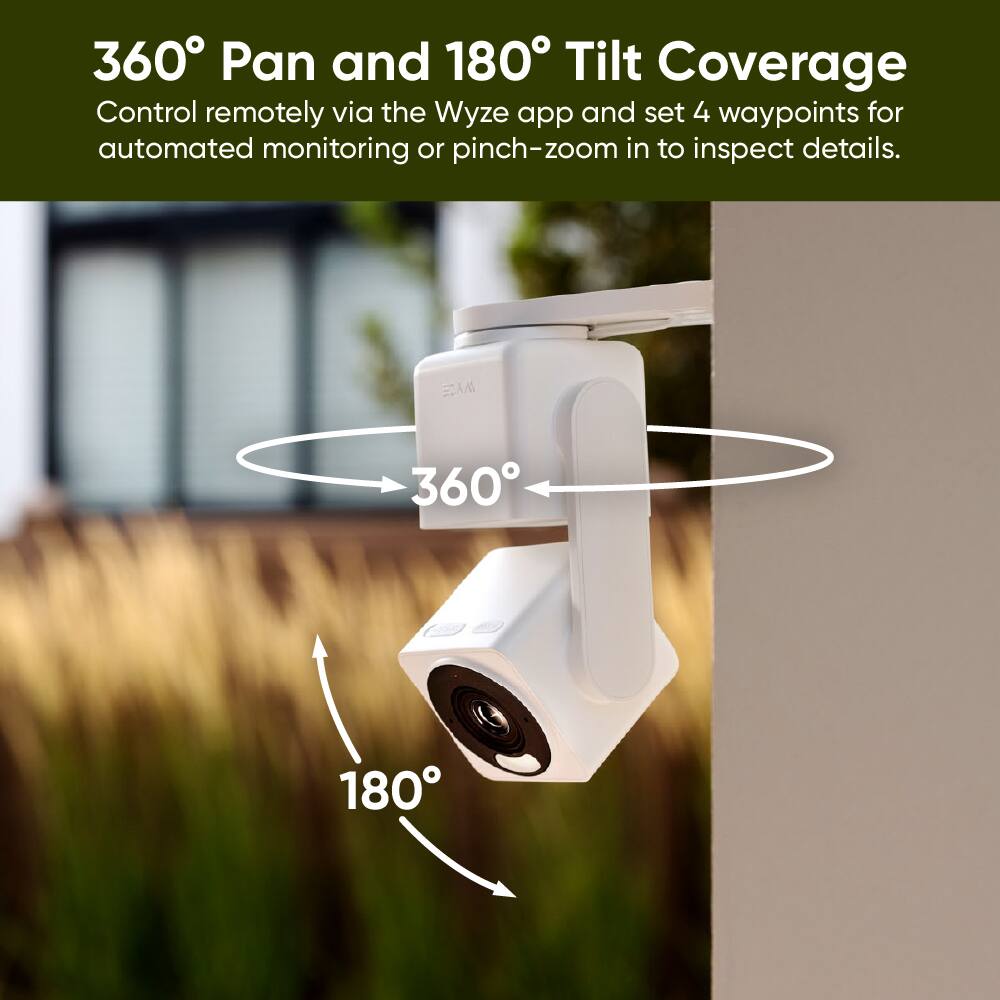 360° Pan and 180° Tilt Coverage  
Control remotely via the Wyze app and set 4 waypoints for automated monitoring or pinch-zoom in to inspect details.