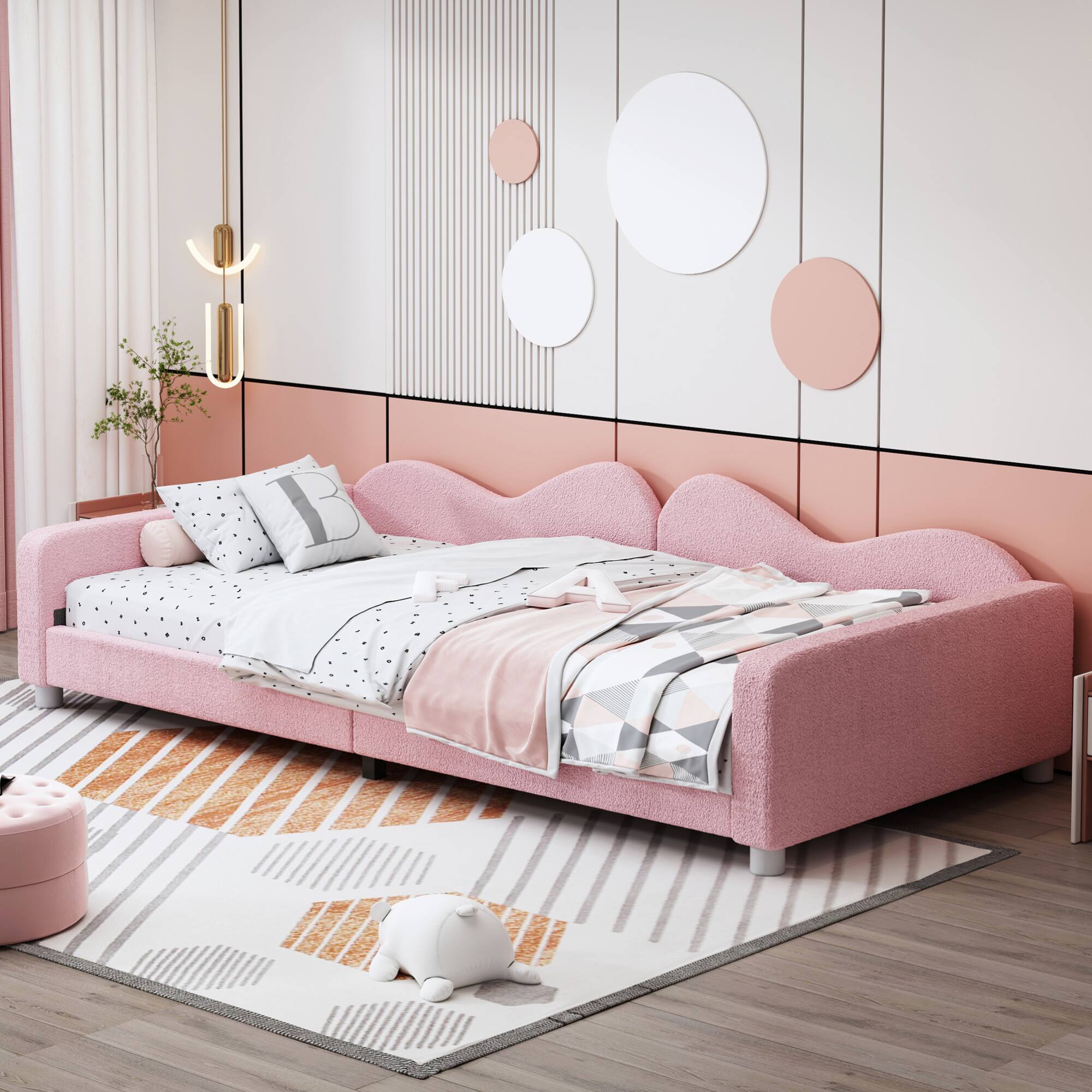 Left. GOODSILO - Twin Size Upholstered Sherpa Fabric Daybed with Cloud-Shaped Backrest Sofabed for Modern Home Decor - Pink.