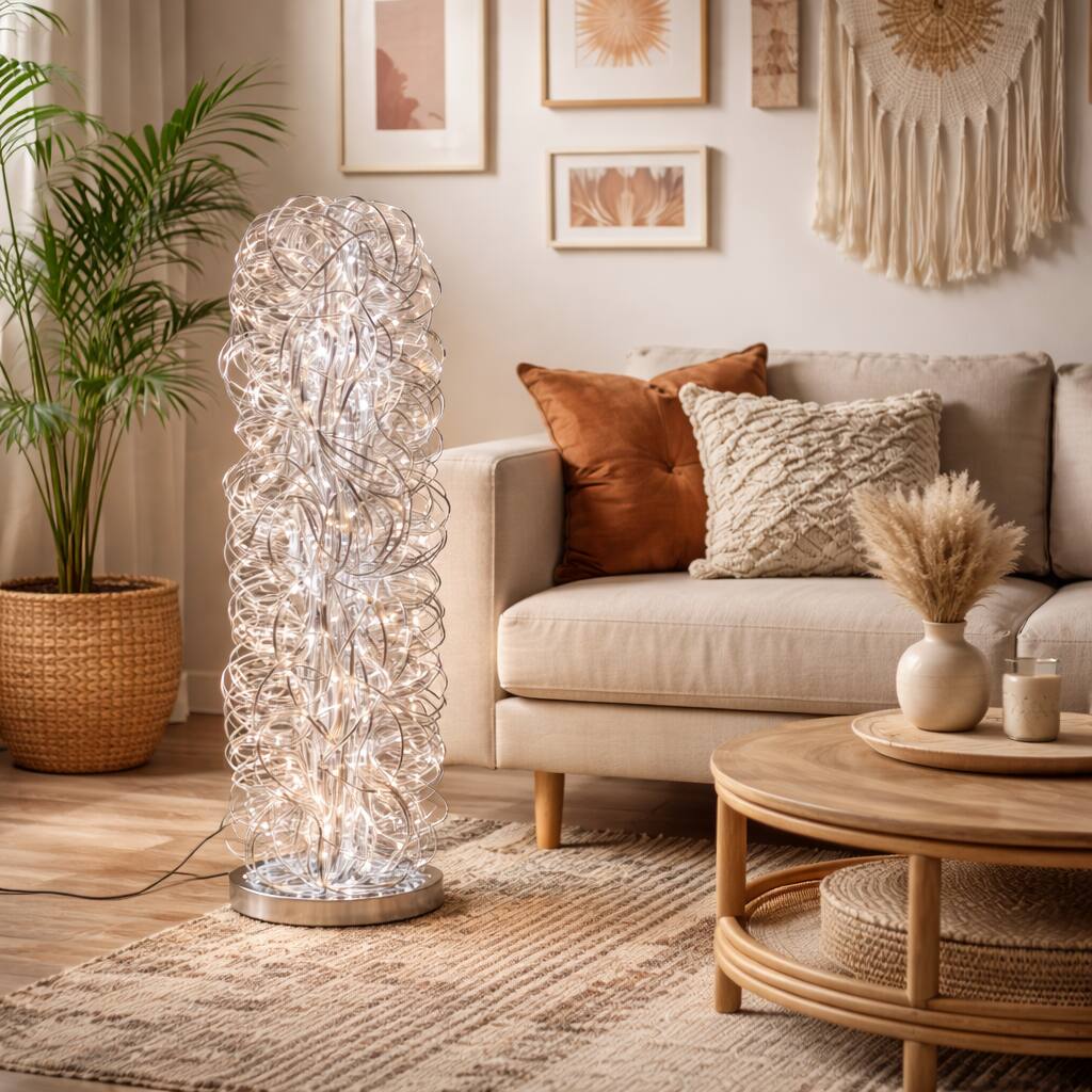Front. FC Design - 32"H Artsy LED Aluminum Wire Wrapped Decorative Column Lamp with Chrome Finish Base.
