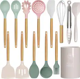 Schertz - Silicone Cooking Utensil Set with Wooden Handles and Holder – Heat Resistant to 446°F, BPA-Free, Safe for Non-S - Colorful