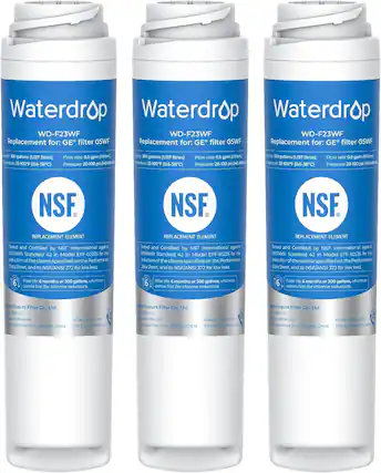 Waterdrop
WD-F23WF
Replacement for: GE® filter GSWF
Flow rate: 0.5 gpm (19 l/min)
Pressure: 20-100 psi (140-690 kPa)
Temperature: 33-100°F (0.6-38°C)
Capacity: 300 gallons (1,137 liters)
NSF®
REPLACEMENT ELEMENT
Tested and Certified by NSF International against NSF/ANSI Standard 42 in Model EFF-60235 for the reduction of the claims specified on the Performance Data Sheet, and to NSF/ANSI 372 for low lead.
Filter life: 6 months or 300 gallons, whichever comes first (for chlorine reduction).
Waterdrop Filter Co., Ltd.
www.waterdropfilter.com
Jinggang Road Jimo, Qingdao, China
Made in China V50
EPA Est. No. 55303-CHV
NSF®
REPLACEMENT ELEMENT
Tested and Certified by NSF International against NSF/ANSI Standard 42 in Model EFF-6