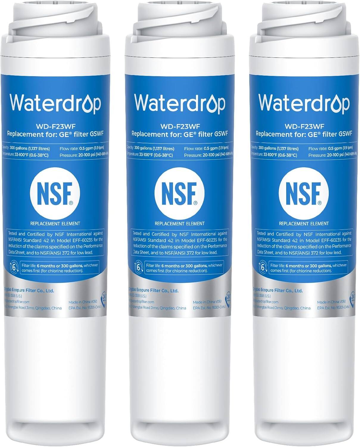 Waterdrop  
WD-F23WF  
Replacement for: GE® filter GSWF  

Flow rate: 0.5 gpm (19 l/min)  
Pressure: 20-100 psi (140-690 kPa)  
Temperature: 33-100°F (0.6-38°C)  
Capacity: 300 gallons (1,137 liters)  

NSF®  
REPLACEMENT ELEMENT  
Tested and Certified by NSF International against NSF/ANSI Standard 42 in Model EFF-60235 for the reduction of the claims specified on the Performance Data Sheet, and to NSF/ANSI 372 for low lead.  
Filter life: 6 months or 300 gallons, whichever comes first (for chlorine reduction).  

Waterdrop Filter Co., Ltd.  
www.waterdropfilter.com  
Jinggang Road Jimo, Qingdao, China  
Made in China V50  
EPA Est. No. 55303-CHV  

NSF®  
REPLACEMENT ELEMENT  
Tested and Certified by NSF International against NSF/ANSI Standard 42 in Model EFF-6