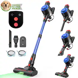 MOOSOO - Self Standing Cordless Vacuum Cleaner, 45Kpa Stick Vacuum with LED Display for Carpet Pet Hair - Blue Red