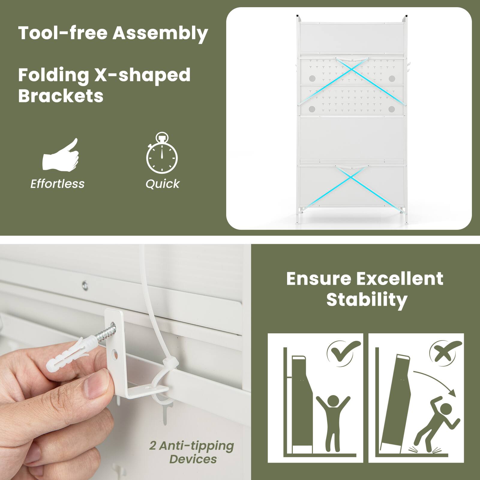 Tool-free Assembly, Folding X-shaped Brackets, Effortless, Quick, Ensure Excellent Stability, 2 Anti-tipping Devices