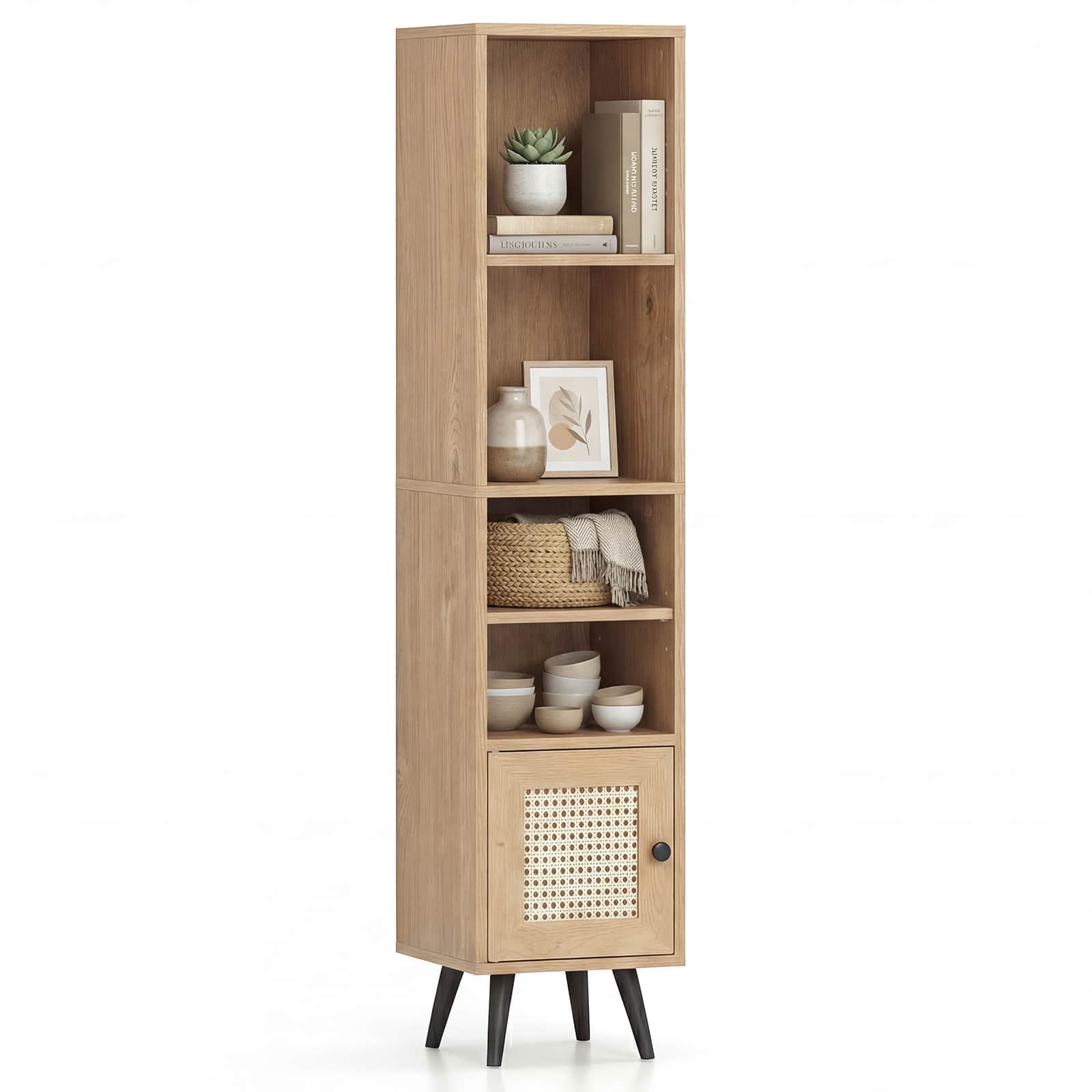 Gymax - 6-Tier Tall Narrow Bookcase w/ Adjustable Shelf & Boho Style Rattan Door - Yellow