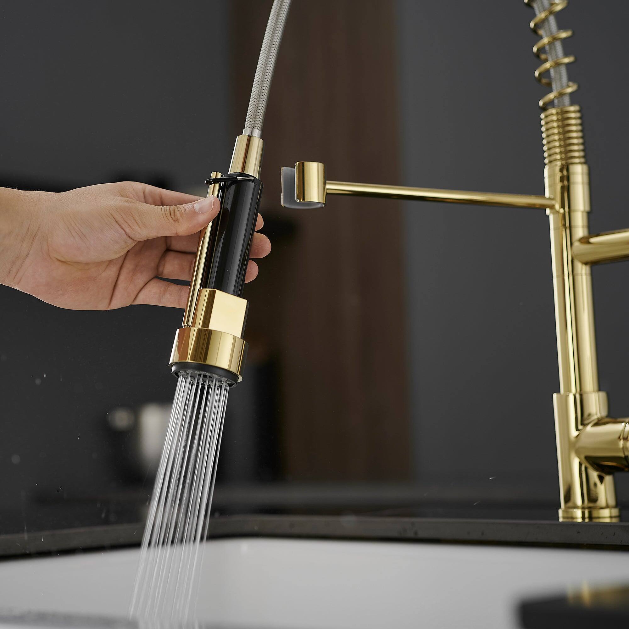 Alt View 10. Boyel Living - Contemporary Single Handle Gooseneck Pull Down Sprayer Kitchen Faucet Brushed Gold - Brushed Gold.