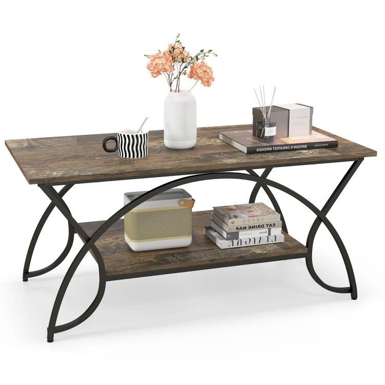 Hivvago - Rustic Farmhouse 2 Tier Brown Wood Coffee Table with Curved Metal Legs - Oak