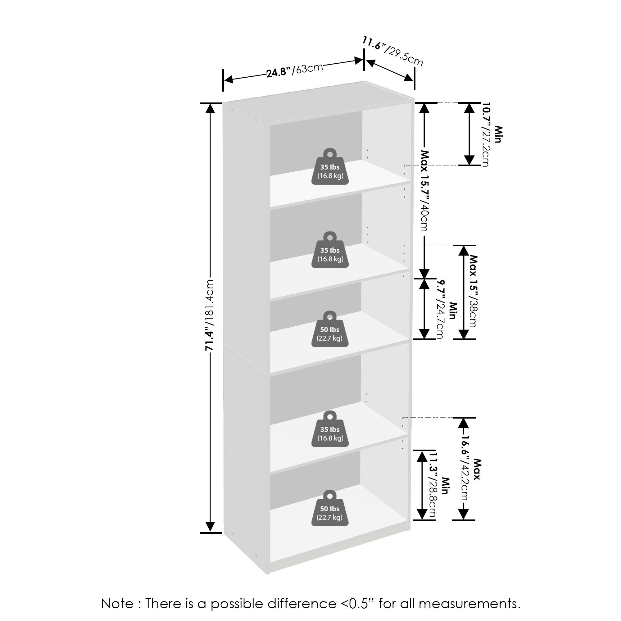 - Height: 71.4"/181.4cm
- Width: 24.8"/63cm
- Depth: 11.6"/29.5cm
- Maximum Load: 35 lbs (16.8kg)
- Minimum Load: 50 lbs (22.7kg)
- Maximum Height: 15.7"/40cm
- Minimum Height: 10.7"/27.2cm
- Maximum Width: 16.6"/42.2cm
- Minimum Width: 9.7"/24.7cm
- Note: There is a possible difference <0.5" for all measurements.