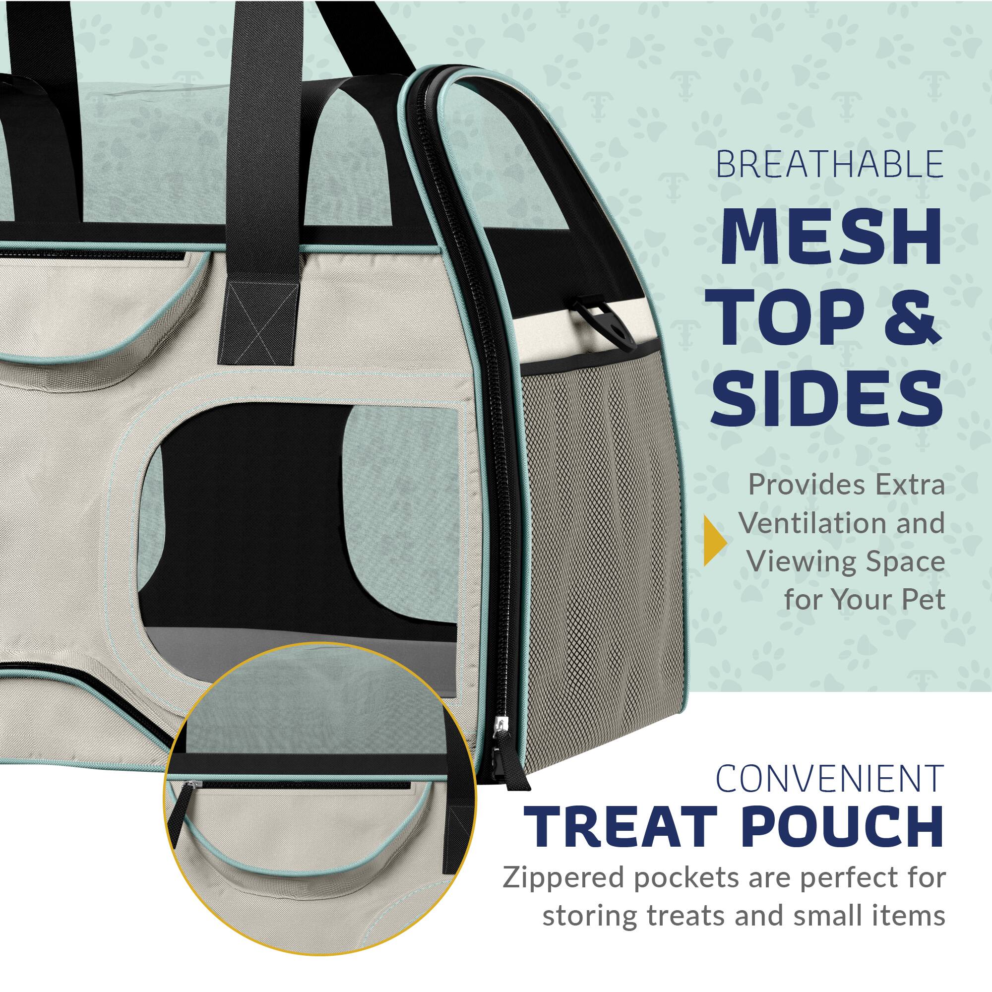 BREATHABLE MESH TOP & SIDES  
Provides Extra Ventilation and Viewing Space for Your Pet  

CONVENIENT TREAT POUCH  
Zippered pockets are perfect for storing treats and small items