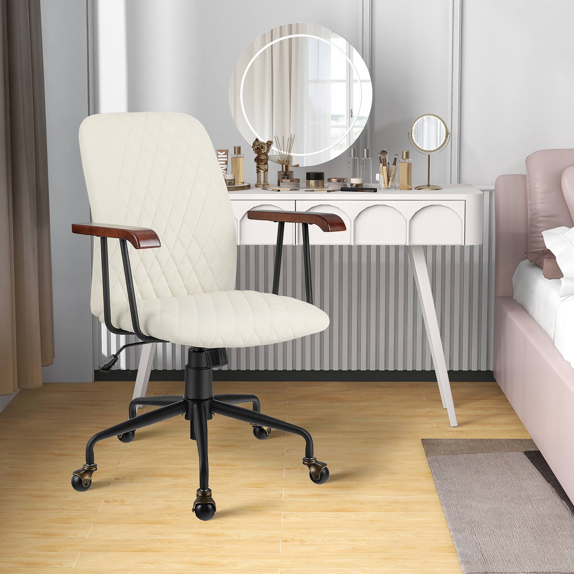 Alt View 12. Costway - Velvet Office Chair with Adjustable Swivel and Wooden Armrest - Beige.