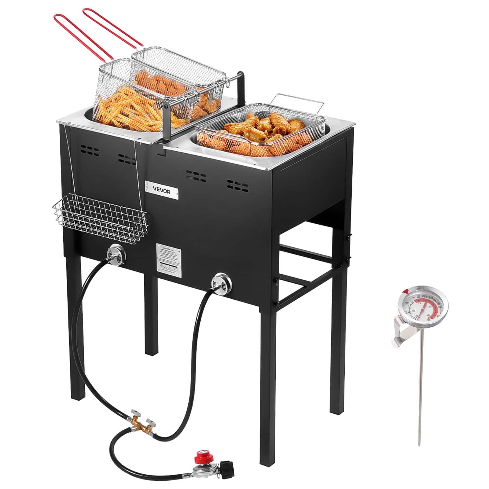 VEVOR - Outdoor Propane Deep Fryer, Dual-Tank 16QTx2 Commercial Fryer, Stainless Steel Fish Cooker with 3 Basket,50,000 BTU - Black