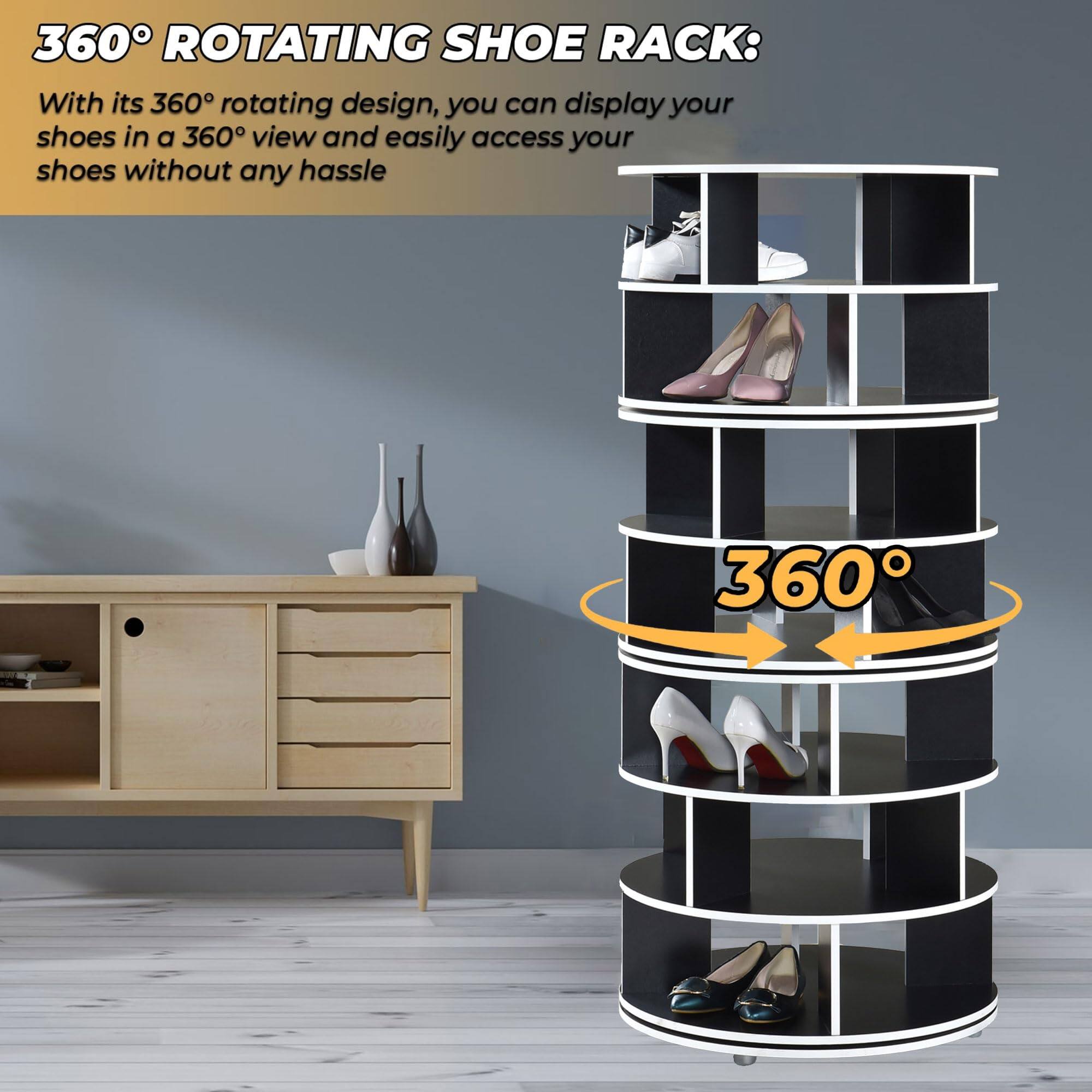 360° ROTATING SHOE RACK:

With its 360° rotating design, you can display your shoes in a 360° view and easily access your shoes without any hassle.
