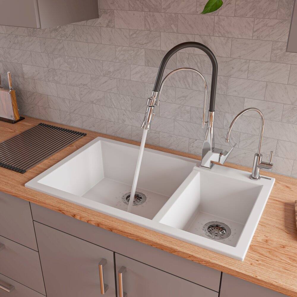 Angle. Alfi - White 34" Double Bowl Drop In Granite Composite Kitchen Sink - White.