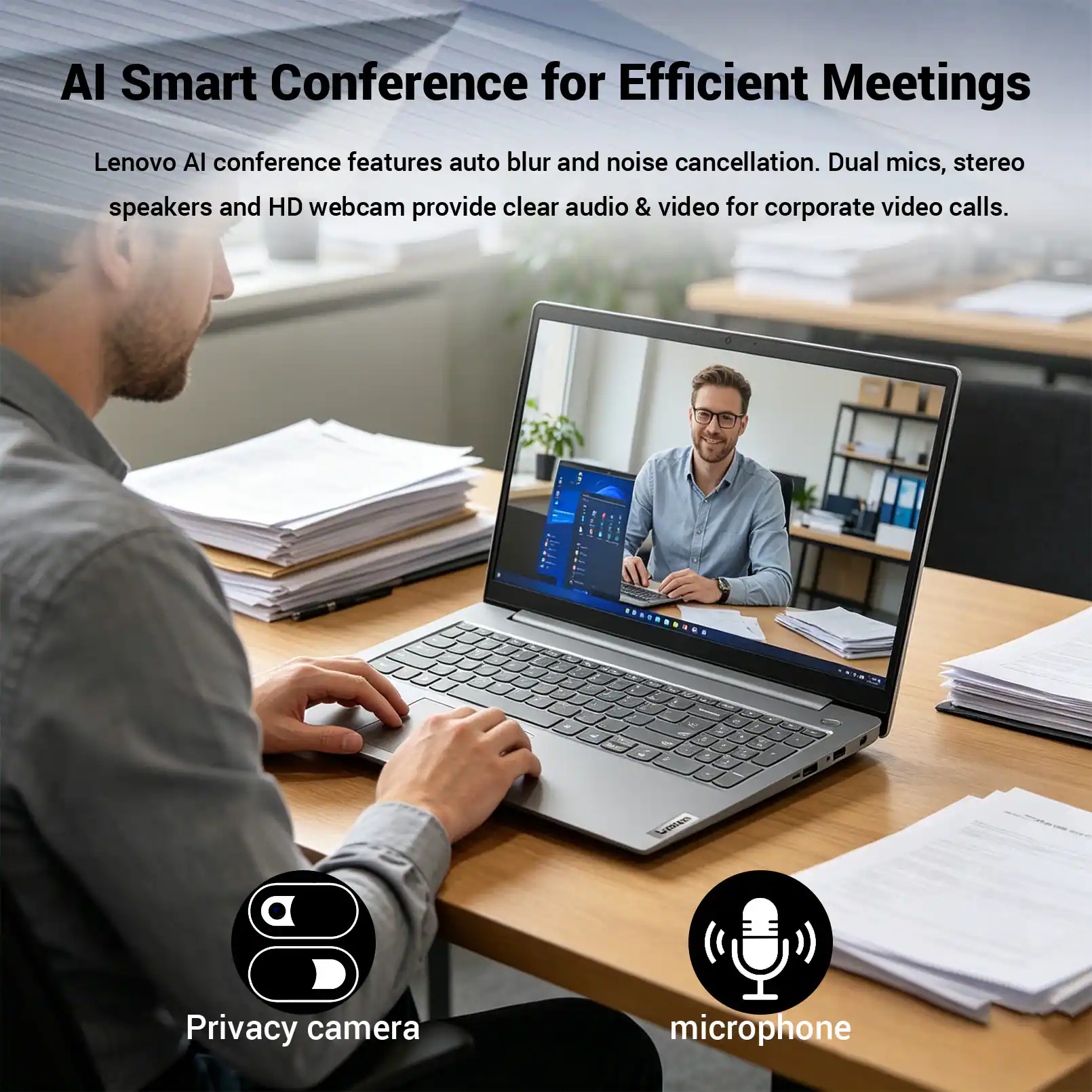AI Smart Conference for Efficient Meetings

Lenovo AI conference features auto blur and noise cancellation. Dual mics, stereo speakers and HD webcam provide clear audio & video for corporate video calls.

Privacy camera microphone