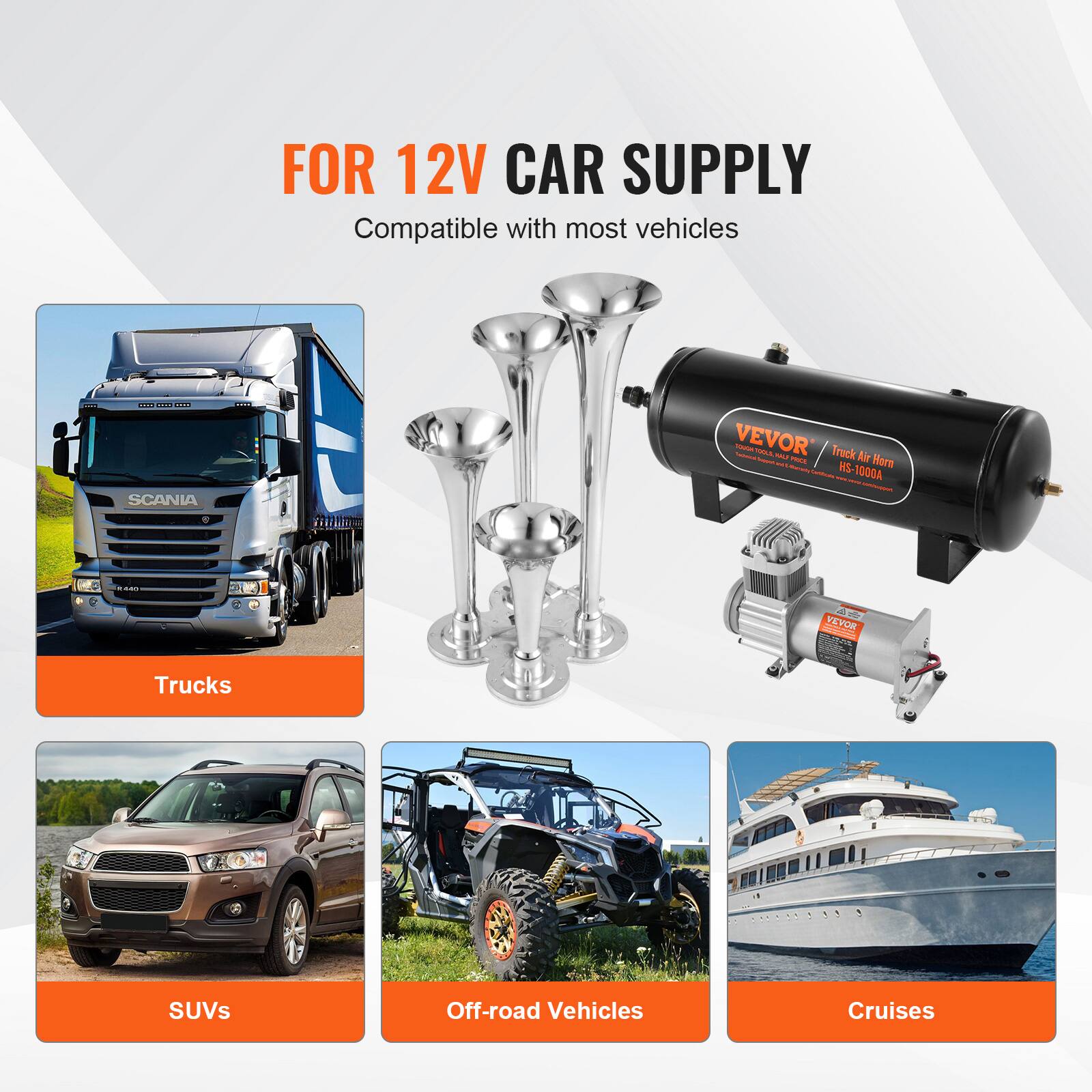 FOR 12V CAR SUPPLY  
Compatible with most vehicles  

- SCANIA Trucks  
- VEVOR Truck Air Horn HS-1000A  
- SUVs  
- Off-road Vehicles  
- Cruises