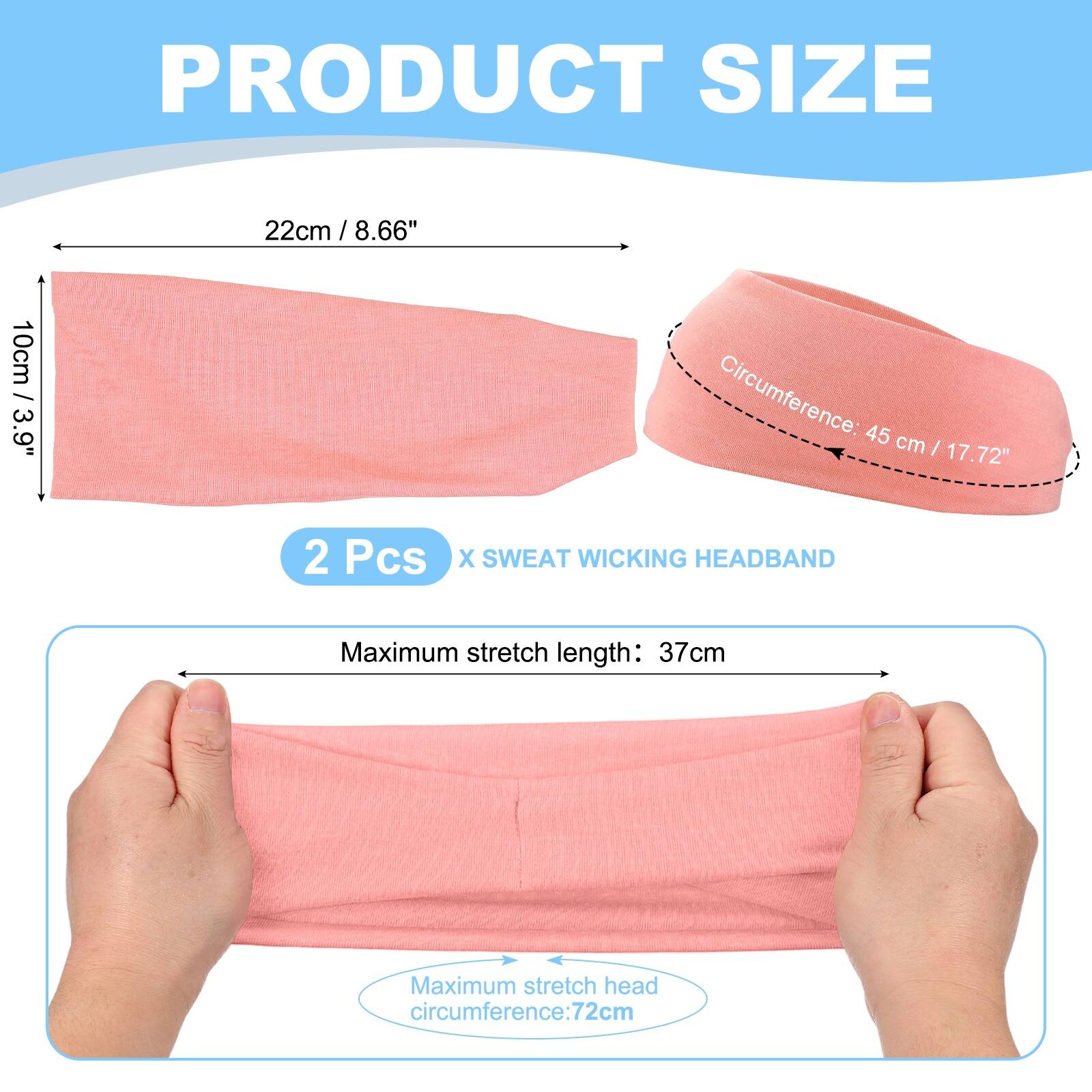 PRODUCT SIZE

22cm / 8.66"  
10cm / 3.9"  
Circumference: 45 cm / 17.72"  

2 Pcs X SWEAT WICKING HEADBAND  

Maximum stretch length: 37cm  
Maximum stretch head circumference: 72cm