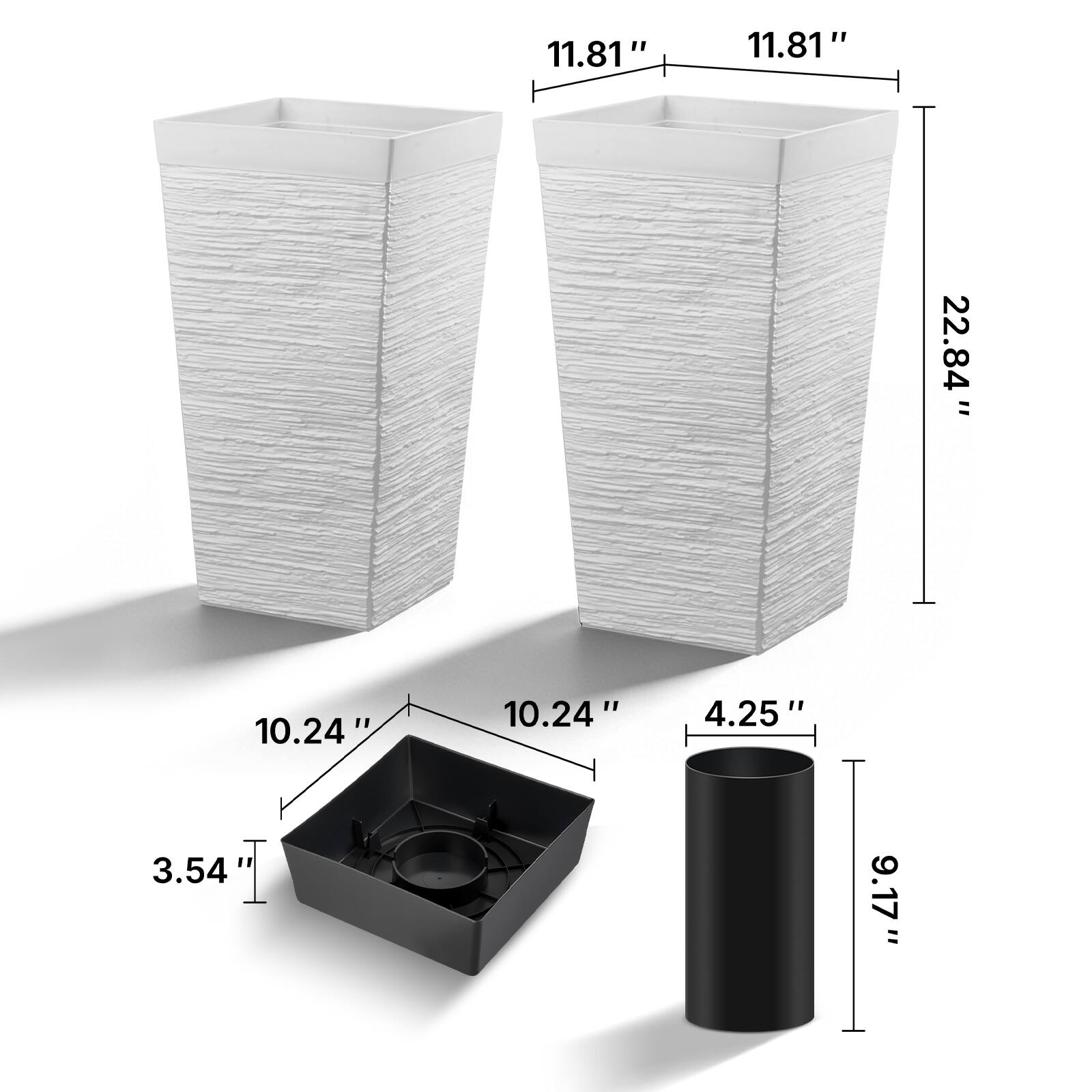 11.81" x 11.81" x 22.84"  
10.24" x 10.24" x 3.54"  
4.25" x 9.17"