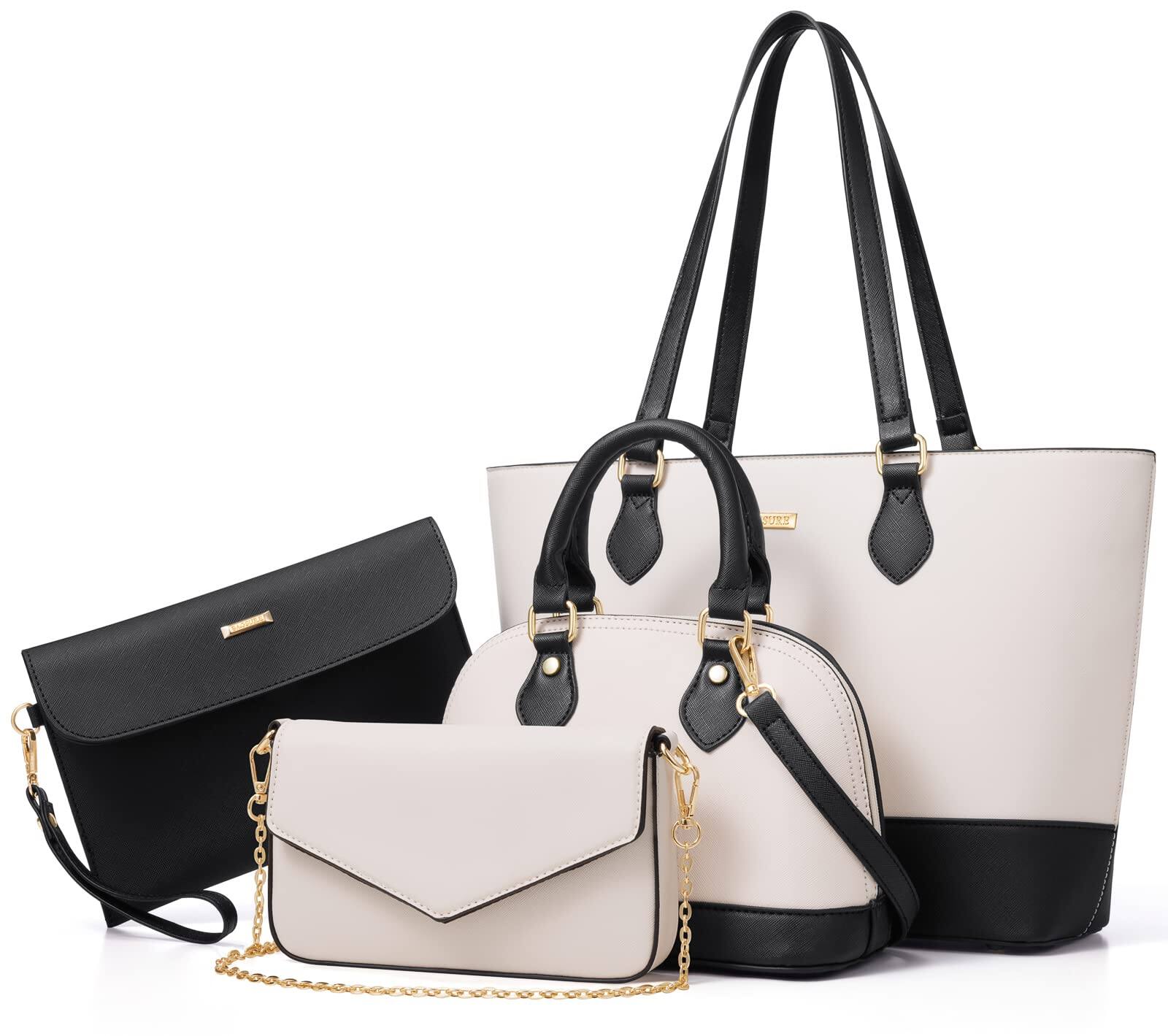 Front. DORLUKFU - 4PCS Women Fashion Handbags Purses Wallet Shoulder Bags Casual Tote Bag Crossbody Bags, Handbag Set Gift for Ladies - Black/White-b.