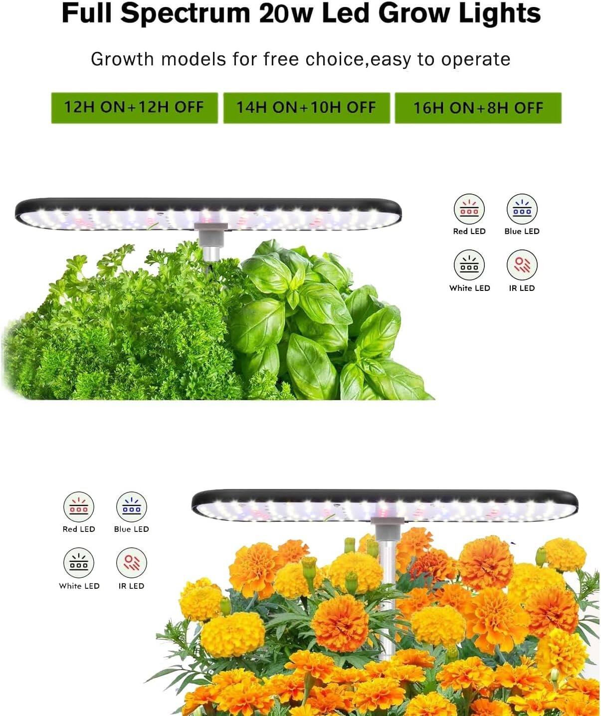 Full Spectrum 20w Led Grow Lights  
Growth models for free choice, easy to operate  

12H ON + 12H OFF  
14H ON + 10H OFF  
16H ON + 8H OFF  

Red LED  
Blue LED  
White LED  
IR LED  

Red LED  
Blue LED  
White LED  
IR LED