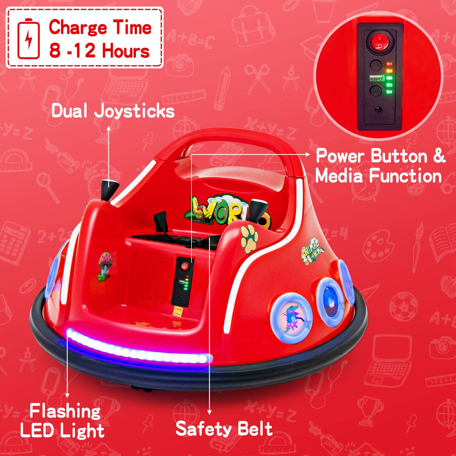 - Charge Time: 8 - 12 Hours
- Dual Joysticks
- Power Button & Media Function
- Flashing LED Light
- Safety Belt