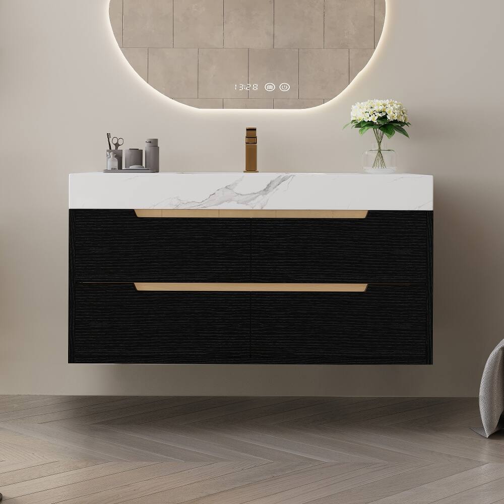 Alt View 1. Loheer - Loheer 35.4 inch modern bathroom vanity with undermount sink, Sintered Stone Top, 4 Drawers, Black - Black, White.