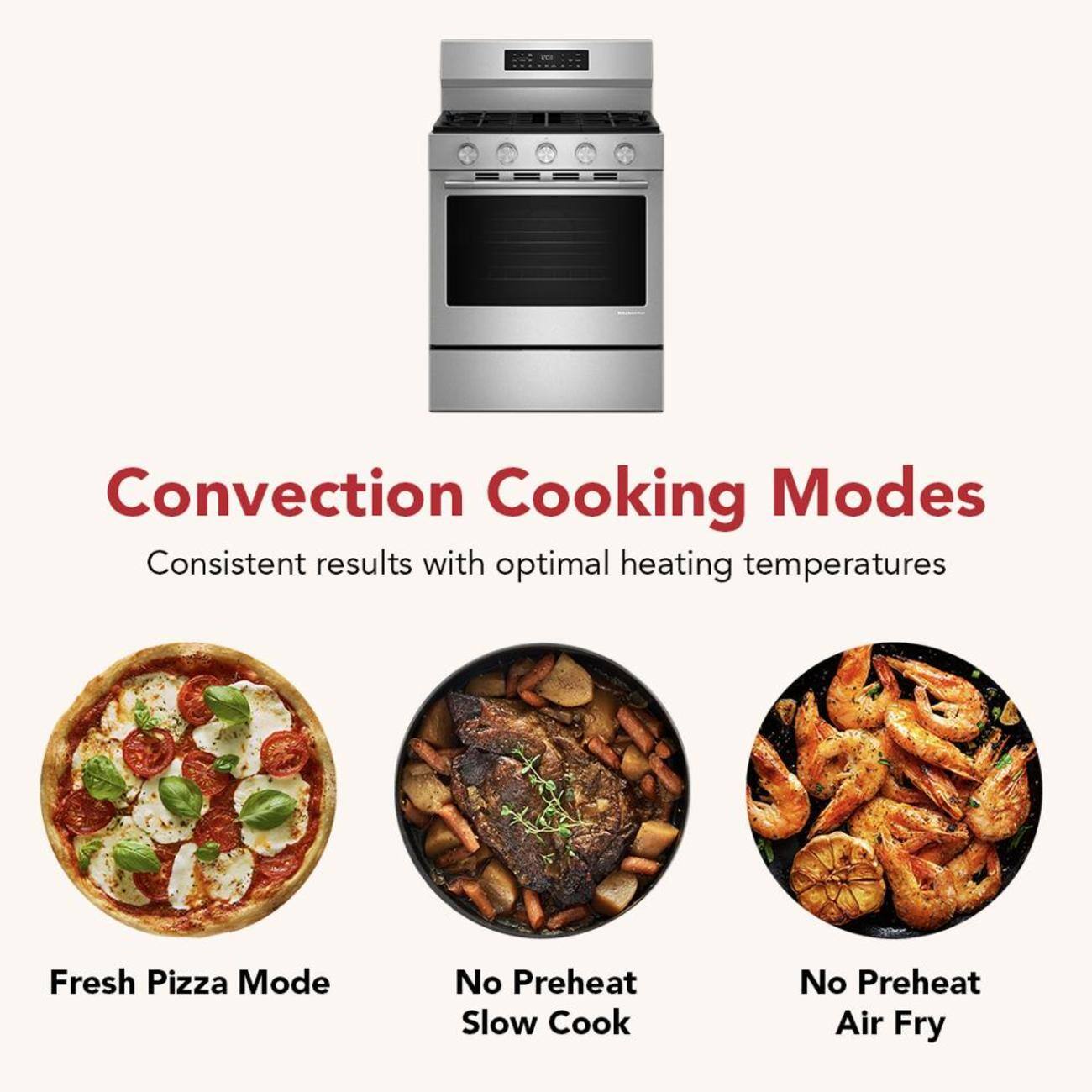 Convection Cooking Modes  
Consistent results with optimal heating temperatures  

Fresh Pizza Mode  
No Preheat Slow Cook  
No Preheat Air Fry