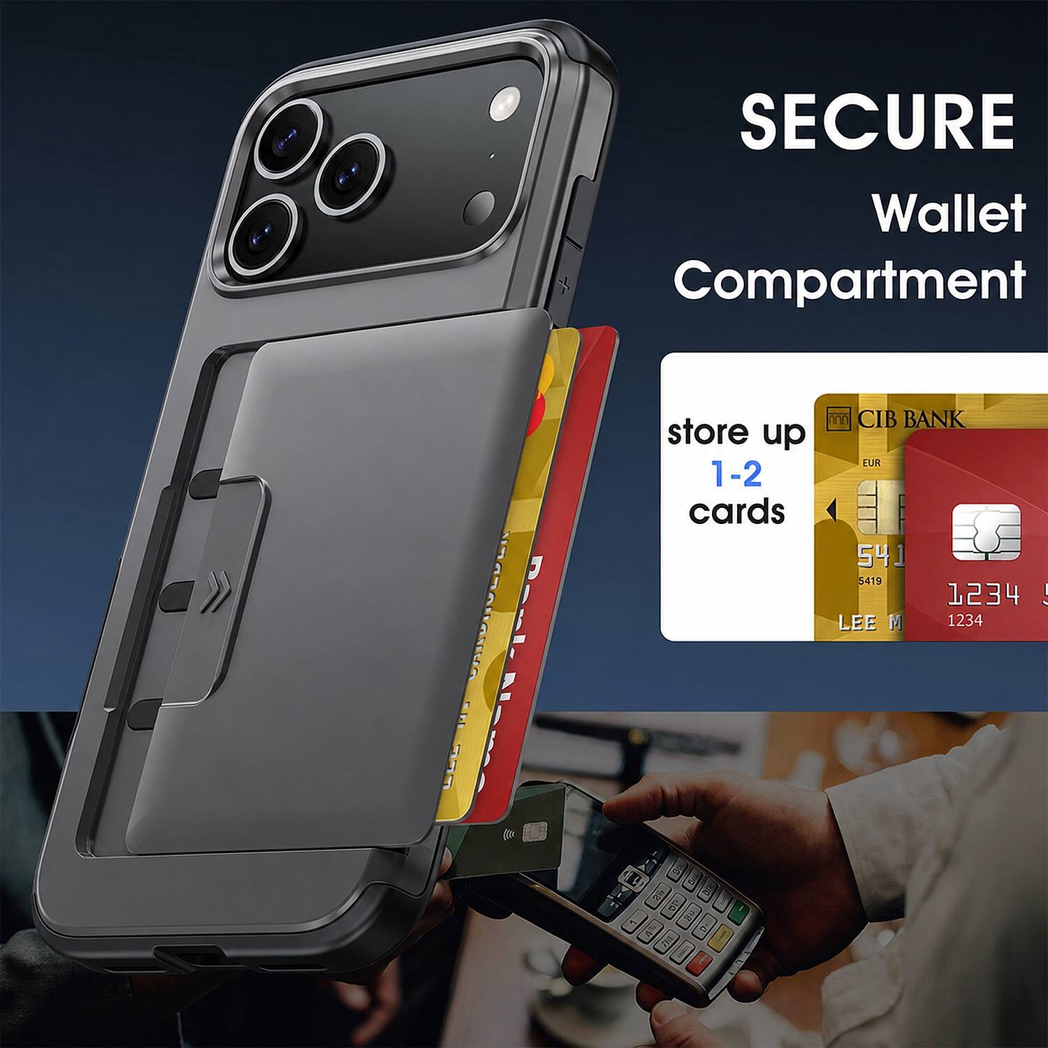 SECURE Wallet Compartment

store up 1-2 cards

CIB BANK EUR 5419 1234 ! LEE M 1234