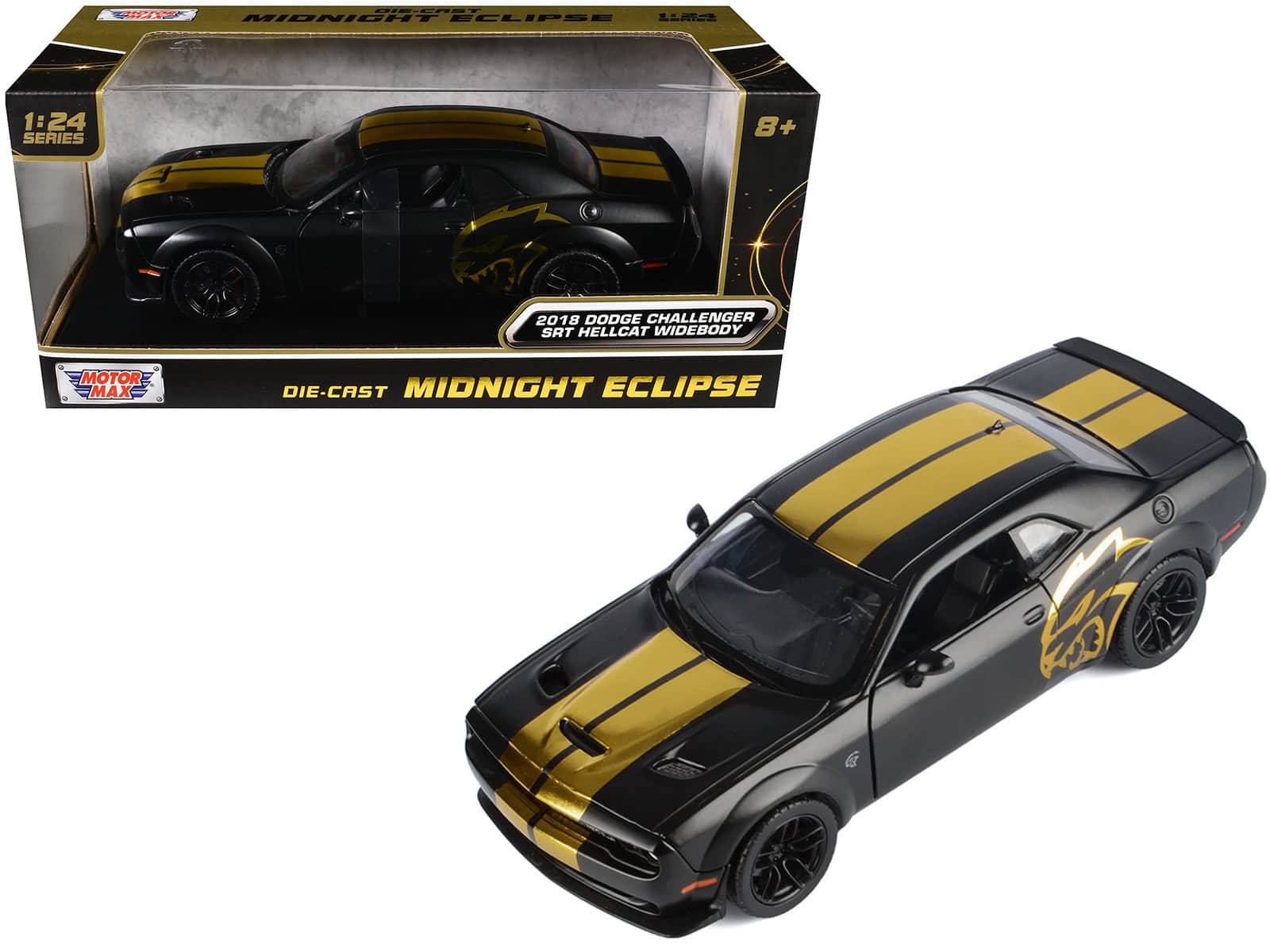 Motormax - 2018 Dodge Challenger SRT Hellcat Widebody Matt Black with Gold Stripes and Graphics "Midnight Eclipse" Series 1/24 - Matt Black and Gold