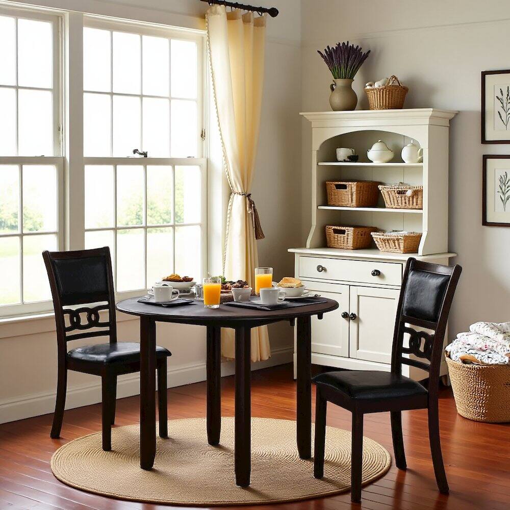 Angle. FurniFact - Brown Drop Leaf Table and Chairs Set, Compact Round Dining Table with 2 Chairs - Brown.