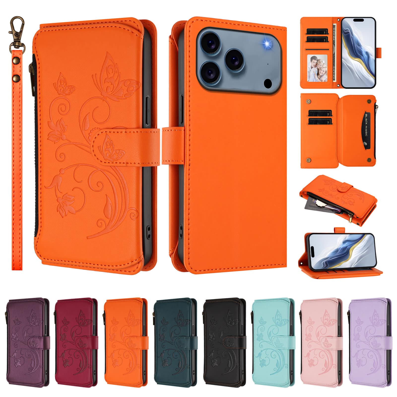 Dteck - Crossbody Wallet Case for Apple iPhone 17 Pro Max,Embossed Butterfly Flower Folio Cover with Zipper Pocket+Strap - Orange price history on PriceWatchPro