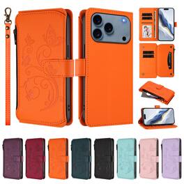 Dteck - Crossbody Wallet Case for Apple iPhone 17 Pro,Embossed Butterfly Flower Folio PU Leather Cover with Zipper Pocket+Strap - Orange