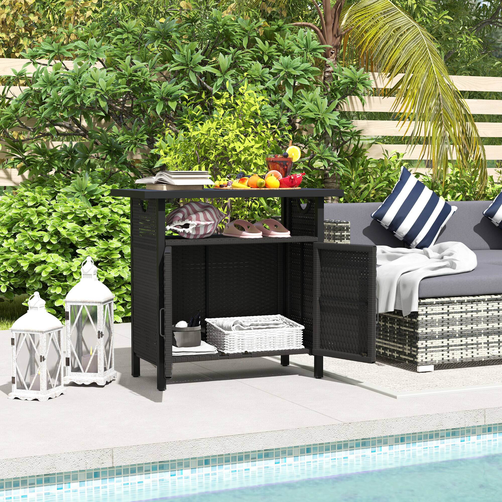 Alt View 1. Outsunny - Outdoor Pool Towel Storage Cabinet Organizer, Outdoor Bar Table with Shelf and Cabinet, Pool Towel Holder Pool Valet - Espresso.