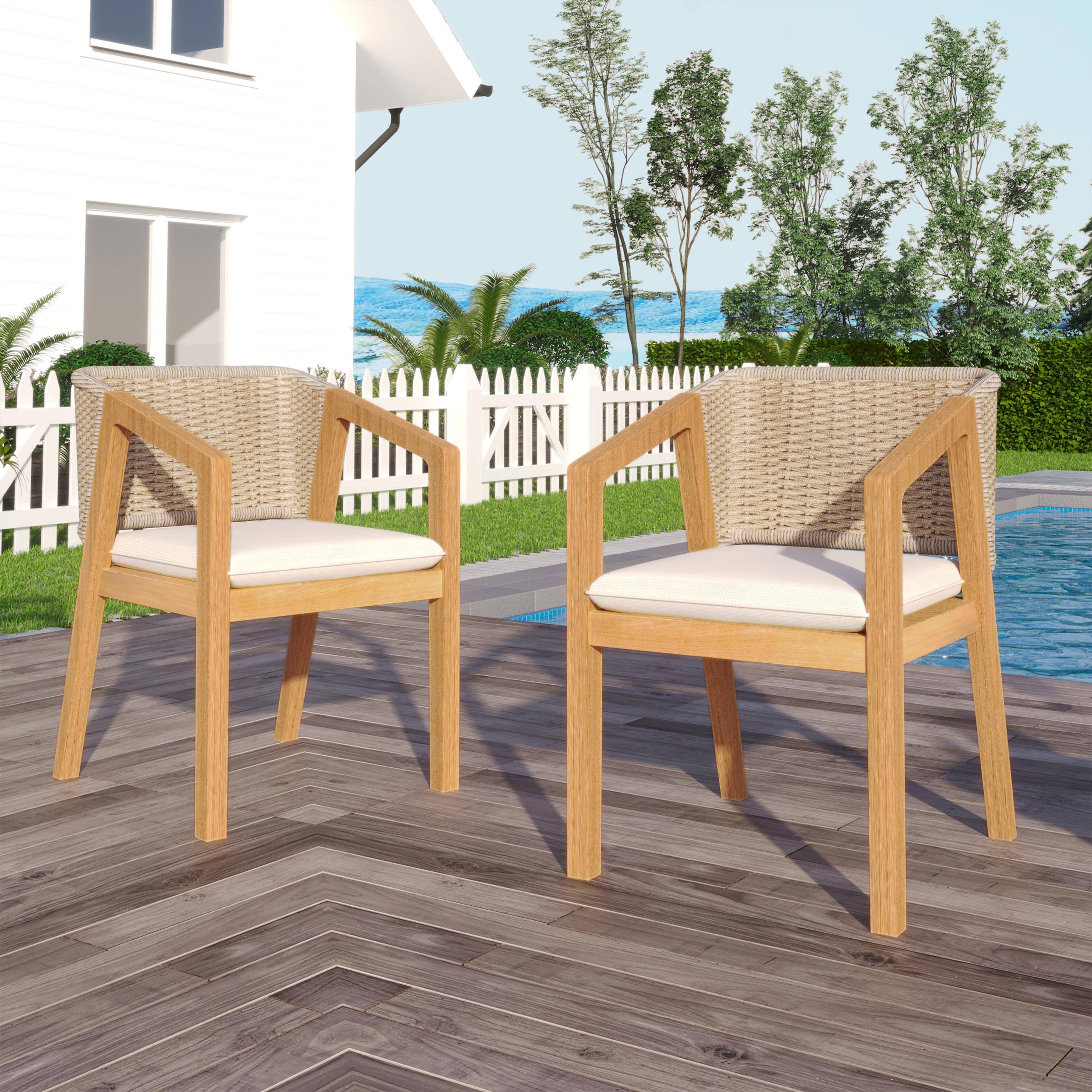 Angle. Whisen - Set of 2 Outdoor Acacia Wood Dining Chairs With a Rope Backrest and Cushions - Light Teak|Beige.
