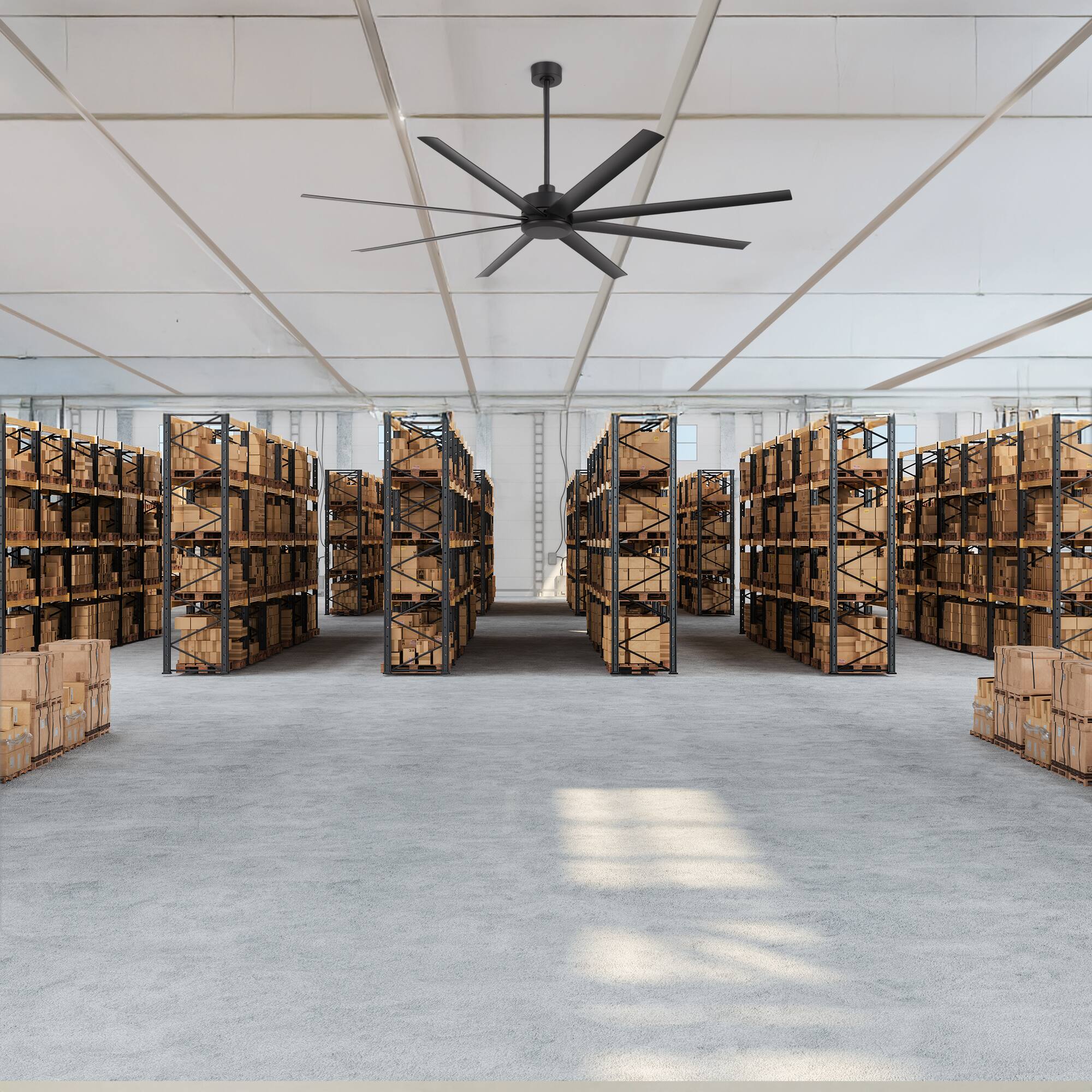 Alt View 4. Breezary - 84-in Large Ceiling Fan with 8 ABS Blades, 6-Speed DC Motor, Remote Control, 3 Downrods with Timer, Optional Light Kit - Matte Black (Without Light).