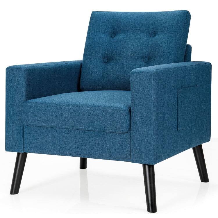 Angle. Kadyn - Mid-Century Upholstered Armchair Club Chair with Rubber Wood Legs, Fabric Lazy Chair Large Accent Chair - Blue.