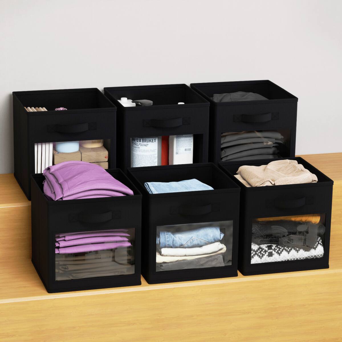 Tooloton - 6-Pack Clear Window Fabric Storage Cubes, 11 Inch Foldable Organizer Bins for Home - Black