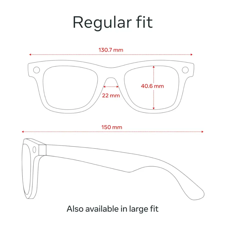 Regular fit: 130.7 mm, 40.6 mm, 22 mm, 150 mm. Also available in large fit.