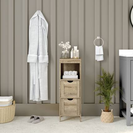 Front. Emma + Oliver - Dante Bathroom Storage Organizer with Open Display Shelf and Two Removable Drawers - Brown.
