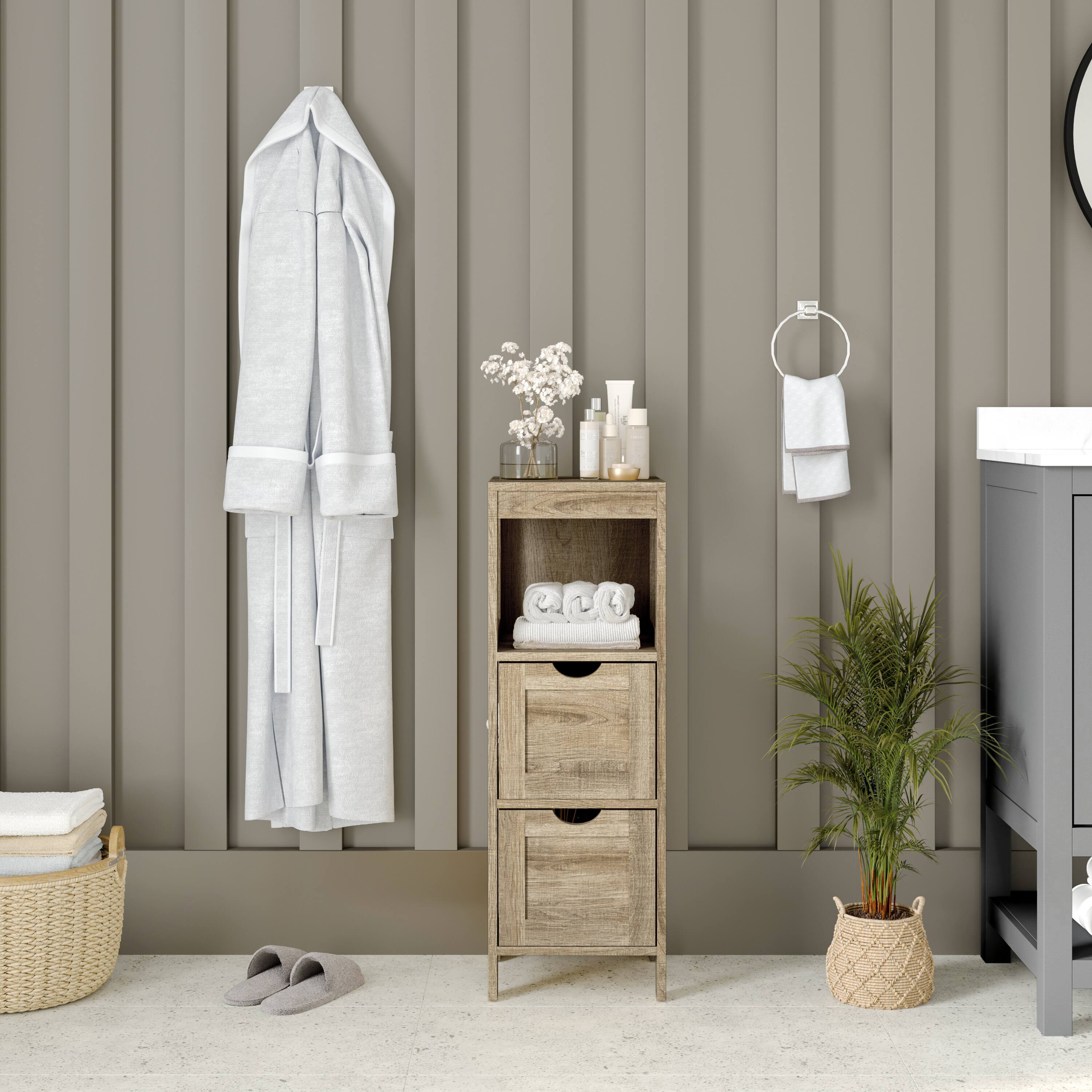 Front. Emma + Oliver - Dante Bathroom Storage Organizer with Open Display Shelf and Two Removable Drawers - Brown.