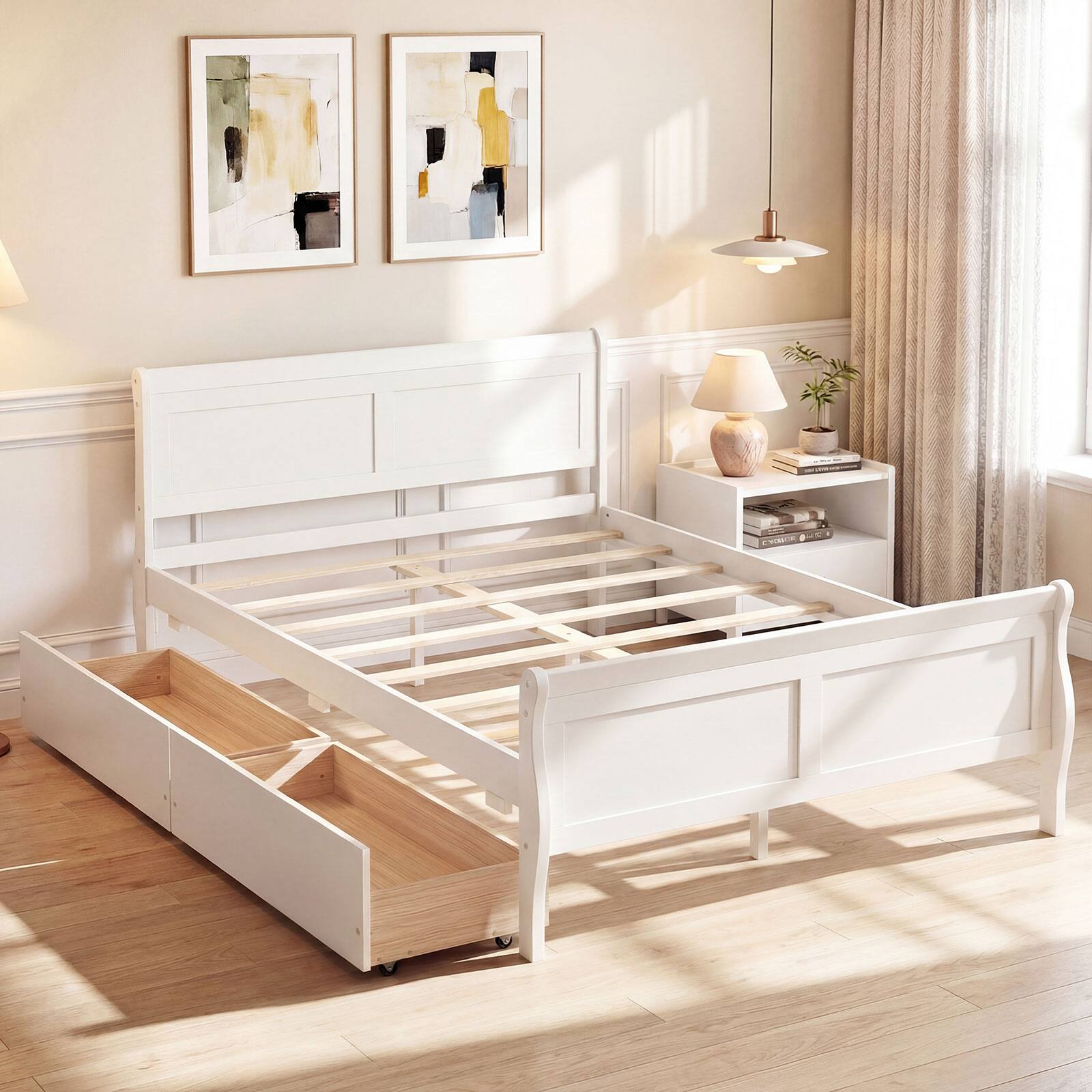 Alt View 5. Costway - Costway Full Size Bed Frame with Storage Drawers, Wood Platform Bed with Headboard Footboard - White.