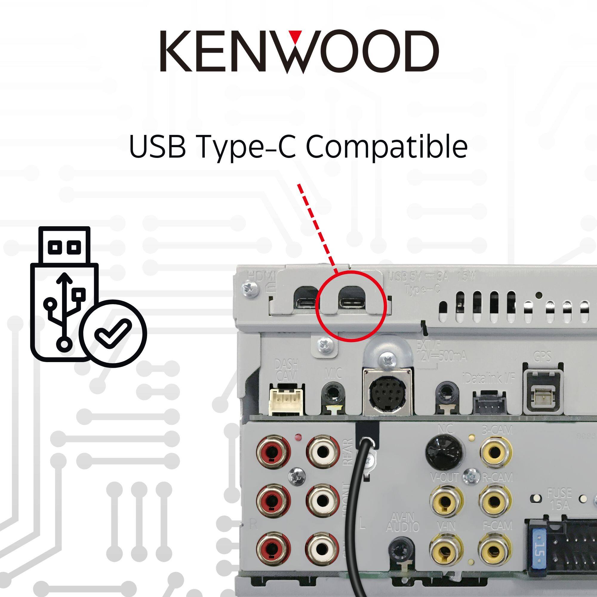 KENWOOD USB Type-C Compatible E USB 5/-3A 6/ 5M T- DASH CAV VC BO1 2V=500mA Datalink F GPS 0C REAR CONT L NC V-OUT AV-IN AUDIO V-IN 3-CAM R-CAM F-CAM FUSE 15A