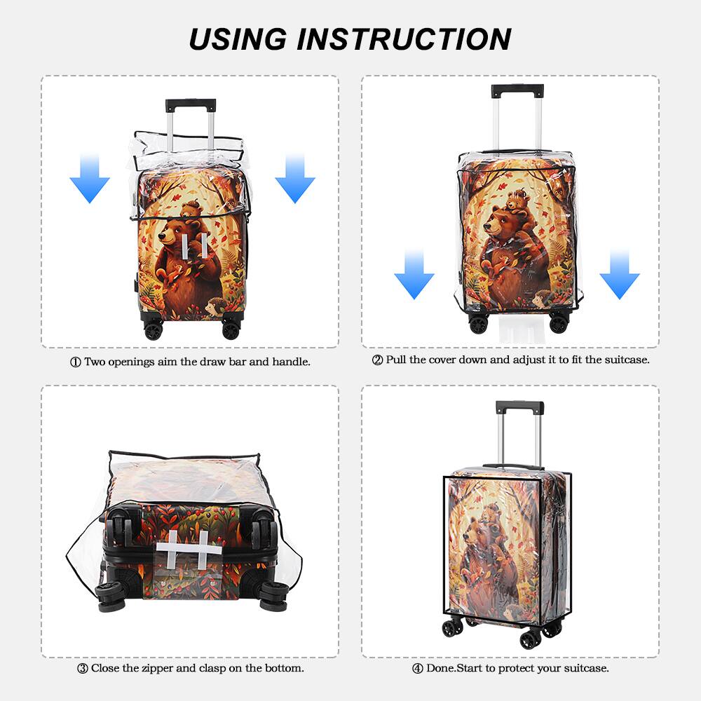 USING INSTRUCTION

1. Two openings aim the draw bar and handle.
2. Pull the cover down and adjust it to fit the suitcase.
3. Close the zipper and clasp on the bottom.
4. Done. Start to protect your suitcase.
