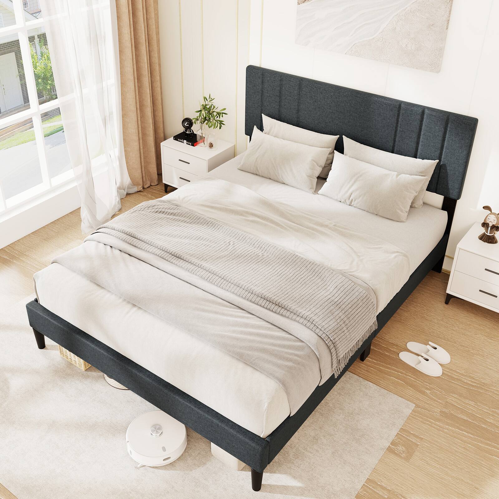 Alt View 1. Gymax - Gymax Queen Size Bed Frame w/ Vertical Channel Tufted Headboard & Wooden Slats - Gray.
