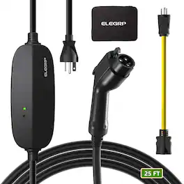 ELEGRP - Level 1/2 EV Charger 16 Amp, Portable EV Charger 240V for BEVs/PHEVs w/25FT Cable,NEMA 6-20 & 5-15 Adapter - Black