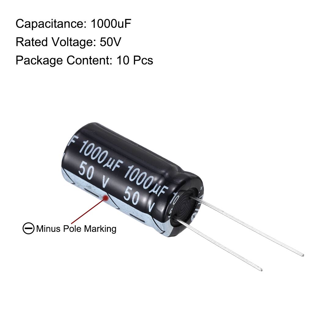 Capacitance: 1000uF  
Rated Voltage: 50V  
Package Content: 10 Pcs  

F 1000uF 50V 1000uF 50V 10  

Minus Pole Marking