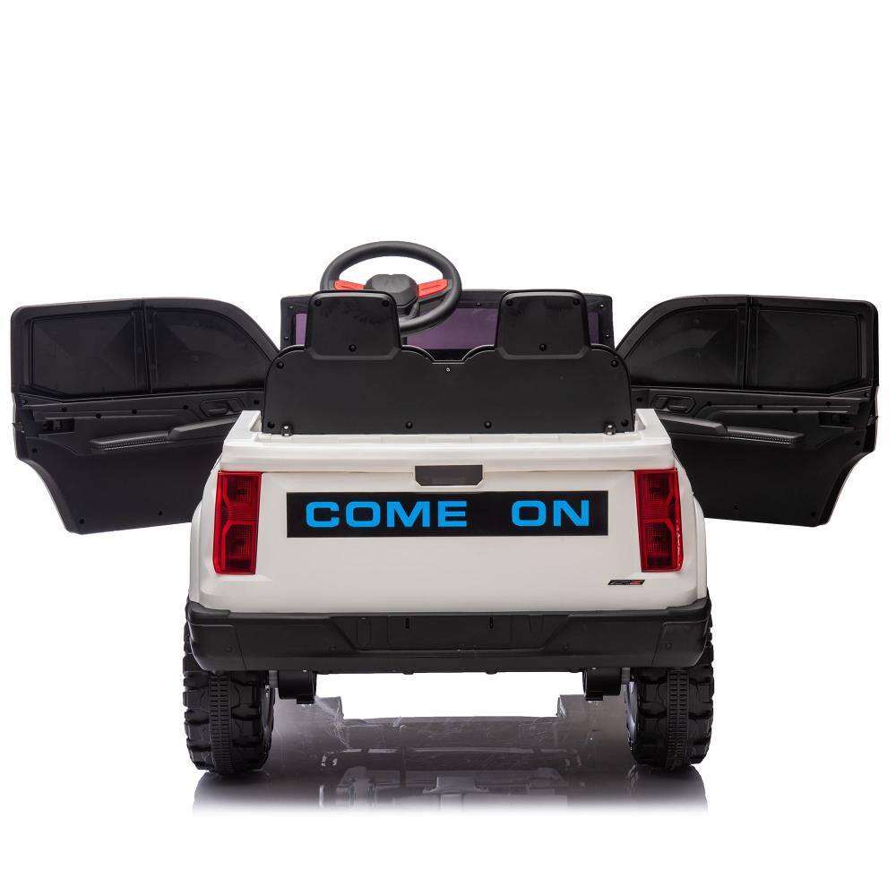 Left. BreeBe - 24V 10A Two-Seater Kids Ride On Electric Pickup w/ Parent Remote, 4WD 800W Motors, Safety Belts, USB, Bluetooth, Ages 3+ - White.