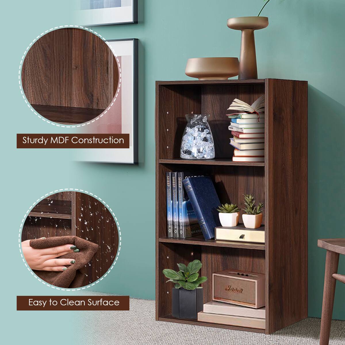 Sturdy MDF construction, easy to clean surface, and shelf for books and plants.