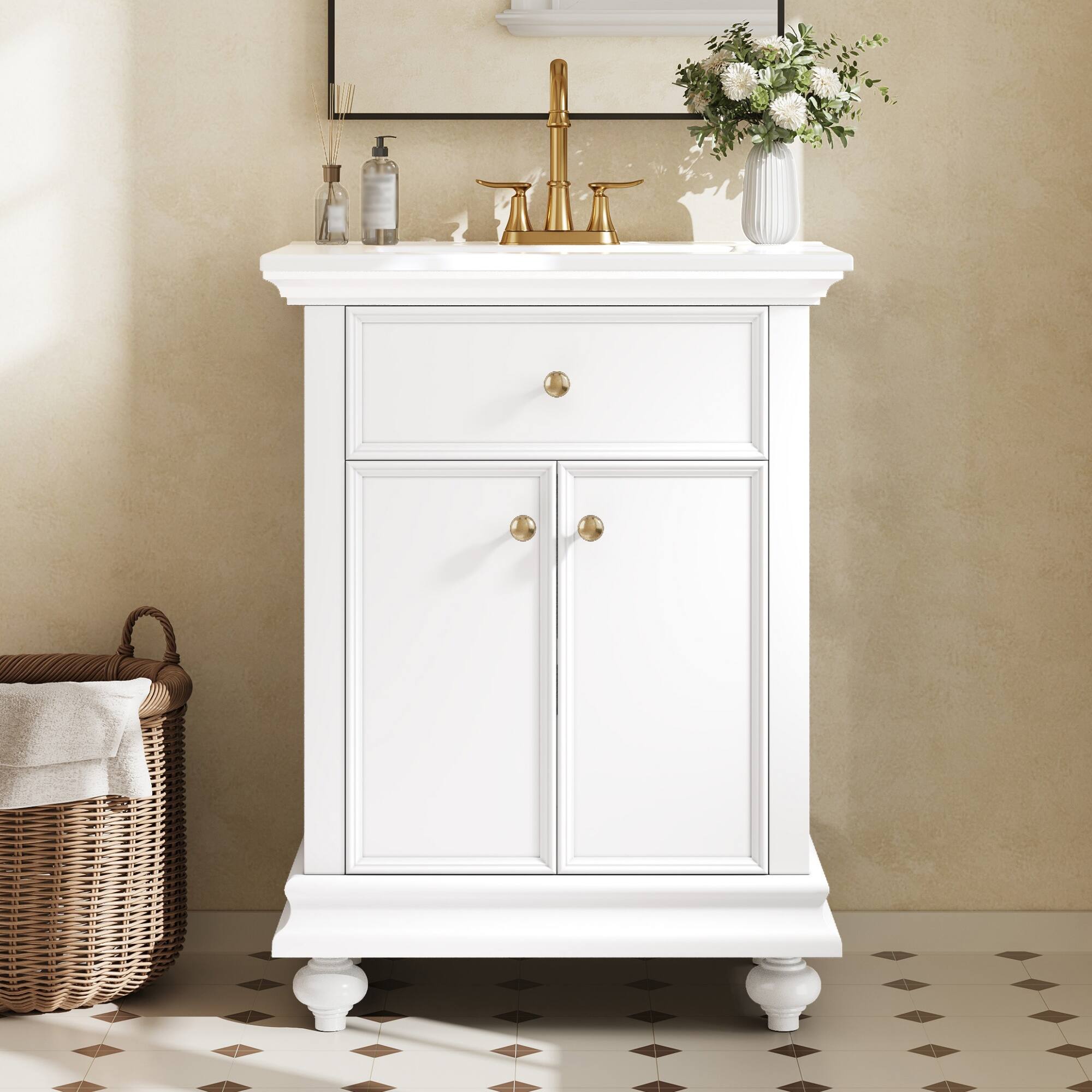 Angle. Whisen - 24" Modern Bathroom Vanity Cabinet with Sink Tip-Out Soft-Close Hinges Back Open Ball-Turned Legs - White.